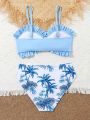Teen Girls' Plant Pattern Printed Separated Swimsuit Set