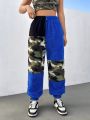 SHEIN Coolane Women'S Drawstring Waist Camo Plush Patchwork Pants