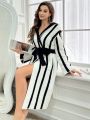 Women's Hooded Striped Belted Robe