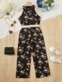 SHEIN Kids EVRYDAY Girls' (Big) Floral Print Wide Leg Jumpsuit With Hanging Neck Design