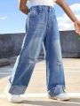 Young Girl Ripped Raw Cut Wide Leg Jeans