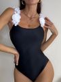 SHEIN Swim Chicsea One Piece Swimsuit With Color-Blocking Design And 3d Flower Decorative Shoulder Straps