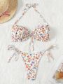 SHEIN Swim Mod Women'S Floral Print Halter Neck Tie Bikini Set With Separated Bottom