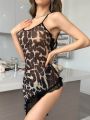 Ladies' Leopard Print Mesh Sheer Nightgown With Lace Trim And High Slit Hem