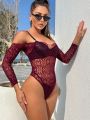 1pc Off-shoulder Perspective Mesh Sexy Bodysuit