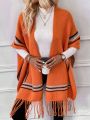 SHEIN LUNE Striped Pattern Fringe Hem Batwing Sleeve Fringe Trim Duster Cardigan