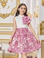 SHEIN Kids Nujoom Tween Girls' Casual Stand Collar Layered Ruffle Decor Top And Skirt Set