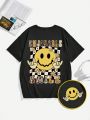 Teen Girls' Casual Cartoon Smiling Face & Letter Print Short Sleeve T-Shirt, Summer