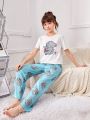 SHEIN Teenage Girls' Knitted Elephant & Bunny Pattern T-shirt And Pants Set For Home