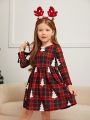 SHEIN Young Girl 1pc Christmas Tree & Plaid Print Dress