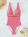 SHEIN Swim Vcay Striped Plunging Neck One Piece Swimsuit