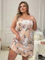 Plus Size Women's Floral Print Spaghetti Strap Nightgown With Ruffle Hem Design