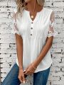 Women's Embroidered Mesh Short Sleeve Button Half Placket T-Shirt