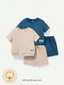 Cozy Cub 4pcs Baby Boys' Solid Color Decorative Woven Label Short Sleeve Pullover Top And Shorts Set