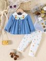 Infant Girls' Contrast Color Embroidered Peter Pan Collar Shirt And Pants Set