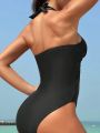 SHEIN Swim Classy Women's One-piece Swimsuit With Mesh Splice And Halter Neck Design
