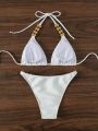 Triangle Bikini Set With Pearls And Rhinestone Decoration