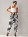 MUSE BY MONET Black And White Denim Striped Drawstring Drop Crotch (Harem) Pants.