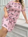 Plus Size Women'S Short Sleeve Sleep Dress With Lips & Letter Print