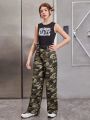 SHEIN Girls' Knitted Letter Printed Vest With Diagonal Pockets & Camouflage Pants & 1pc Waist Bag