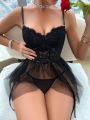 2pcs/Set Women's Sexy Mesh Lingerie Dress With Underwire And Thong