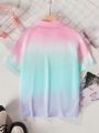 SHEIN Kids EVRYDAY Teen Girls' Casual Ombre Tie-Dye Open-Front Short Sleeve Shirt