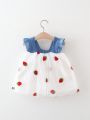 Newborn Baby Girls' Denim Patchwork Mesh Embroidery Dress With Strawberry Pattern