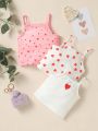 Baby Girls' Sweet Style Multiple Pieces Set Including Camisole, Vest, Heart & Polka Dots Printed T-Shirts, Casual, Lovely, Perfect For Spring And Summer Streetwear