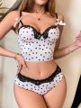 Ladies' Heart Printed Splice Lace Lingerie Set