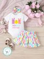 SHEIN 3pcs/Set Baby Girls' Casual Cute Rabbit Pattern Printed Outfits With Headband, Perfect For Easter