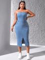 Women's Plus Size Split Front Denim Strapless Maxi Dress