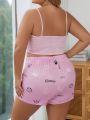 Plus Size Solid Color Camisole With Crown & Letter Printed Shorts Pajama Set