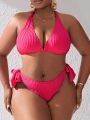 SHEIN Swim Basics Plus Size Women'S Halterneck Lace-Up Swimsuit Suit