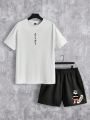 SHEIN Extended Sizes Men's Plus Size Letter Printed Short Sleeve T-shirt And Shorts Set