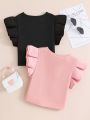 SHEIN Kids EVRYDAY Tween Girls' Lovely Elegant Ruffled Hem Multi-Color Multi-Piece T-Shirt