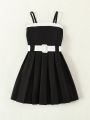 SHEIN Kids EVRYDAY Young Girls' Casual Colorblock Ruffle Trim Belted Strap Dress With Spaghetti Straps, Suitable For Summer