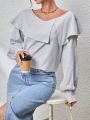 SHEIN Essnce Long Sleeve Shirt With Small Stripes & Ruffled Hem