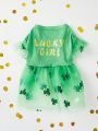 PETSIN Pet Green Tulle Spliced Clothes With St. Patrick's Day Printed Pattern, Suitable For Cat And Dog