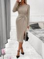 SHEIN Clasi Ribbed Textured Solid Color Twisted Knot Bodycon Dress