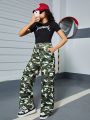 Teen Girls' Woven Camouflage Trousers With Slant Pockets And Cargo Pockets