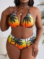 SHEIN Swim Vcay Plus Size Tropical Print Ombre Swimsuit 4pcs Set