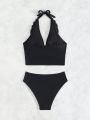 SHEIN Swim Vcay Women's Solid Color Halter Neck Strap Separated Swimsuit With Ruffle Trim