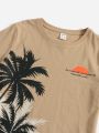 SHEIN Kids SUNSHNE Boys Palm Tree & Slogan Graphic Tee & Drawstring Waist Shorts