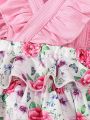 Baby Girl Floral Print Adorable Camisole Ruffle Romper With Bowknot, Summer