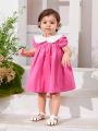 SHEIN Baby Girl Casual Summer Holiday Color Block Short Sleeve Dress With Doll Collar