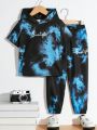 SHEIN Kids EVRYDAY 2pcs Young Boy Tie-Dye Letter Printed Short Sleeve Hooded Top And Jogger Pants
