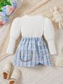 Baby Girls' Puff Sleeve Ribbed Knit T-Shirt And Plaid A-Line Skirt Set