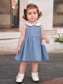 SHEIN Baby Girls' Casual Doll Collar Color Block Elastic Waist Pleated Dress