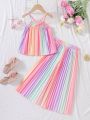 SHEIN Kids CHARMNG Girls' Rainbow Ombre Pleated Spaghetti Strap Crop Top With Wide Leg Pants Summer Outfits