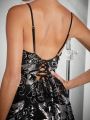 Mienne Floral Print Sequin Lace Up Cami Dress